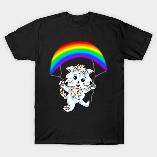 Cartoon Cat with a Rainbow Parachute T-Shirt by cuisinecat